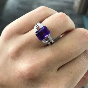 14kt white gold, diamond, and amethyst ring.
